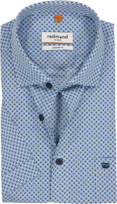 Redmond comfort fit overhemd - korte mouw - popeline - blauw met wit en groen dessin