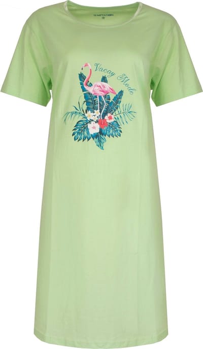 Temptation Dames Nachthemd - Bigshirt - Slaapkleed - Korte Mouwen - 100% Katoen - Groen - Maat S