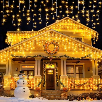 Buitenverlichting voor Kerst, 10m 400 LED Sfeerverlichting met IJspegels, 8 Modi Waterdichte Gordijnverlichting voor Tuin, Bruiloft en Feestdecoratie, Warm Wit