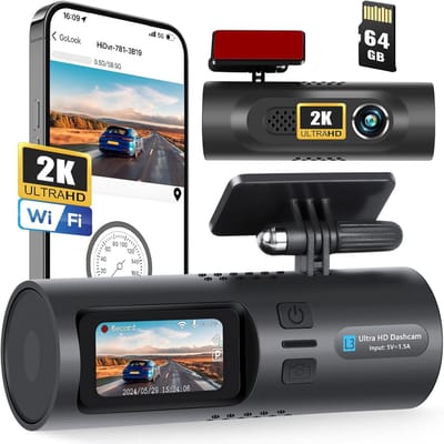 2K WiFi dashcam, Dashcam voorzijde en interieur, Inclusief 64 GB SD-kaart, App-bediening, Parkeerbewaking, G-sensor en loopopname