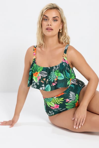 Yours Groene Bikinitop Met Tropische Print En Ruches Size 42