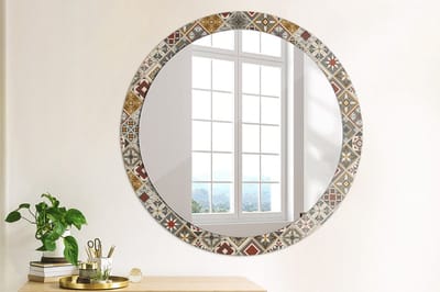 Wallfluent Bedrukte Ronde Spiegel - Ronde Spiegel Lijst Met Print Turks Patroon - 90 cm / 76 cm - Veelkleurig - Veelkleurig Ronde Spiegel Met Print - Slaapkamerspiegel - Badkamerspiegel - Gang - Kleedkamer - Spiegelmontageset