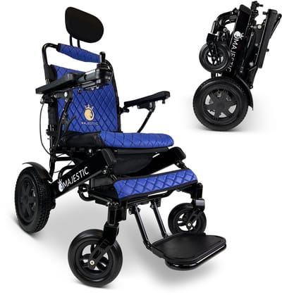 COMFYGO IQ-9000 AF Elektrische rolstoel, lichtgewicht, draadloze afstandsbediening, tot 30km, Automatisch vouwsysteem, Zwart frame & Blauw leer textiel, Zitbreedte 45cm