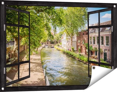 Gards Tuinposter Doorkijk Oudegracht in Utrecht - 90x60 cm - Tuindoek - Tuindecoratie - Wanddecoratie buiten - Tuinschilderij