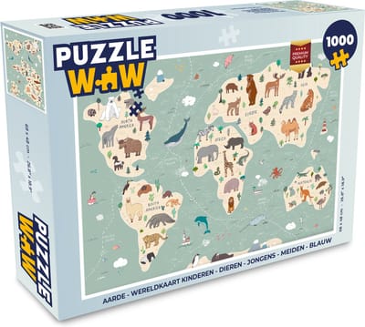Puzzel Aarde - Wereldkaart kinderen - Dieren - Jongens - Meiden - Blauw - Legpuzzel - Puzzel 1000 stukjes volwassenen