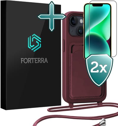 Hoesje Geschikt voor iPhone 13 Pashouder Case Siliconen Hoes Met Koord Met 2x Screenprotector - Hoes Geschikt voor iPhone 13 Met Telefoonkoord Hoesje Back Cover Met Pasjeshouder - Aubergine