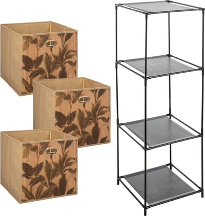 Kastmandjes/opberg manden - naturel/print - 3x stuks van 29 Liter - In rek van 34 x 98 cm - bamboe/linnen