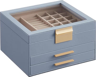 Sieradendoos, sieradendoos 3 niveaus, sieradendoos met glazen deksel, 2 laden, sieradenopslag, modern, cadeau-idee, 20,3 x 23,1 x 13,5 cm, rookblauw-goud