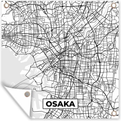 Tuin poster Osaka - Stadskaart - Plattegrond - Zwart Wit - Kaart - 200x200 cm - Tuindoek