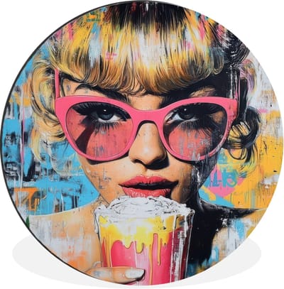 WallCircle - Wandcirkel - Muurcirkel - Zonnebril - Vrouw - Kleurrijk - Verfspetters - Aluminium - Dibond - 30x30 cm - Binnen en Buiten