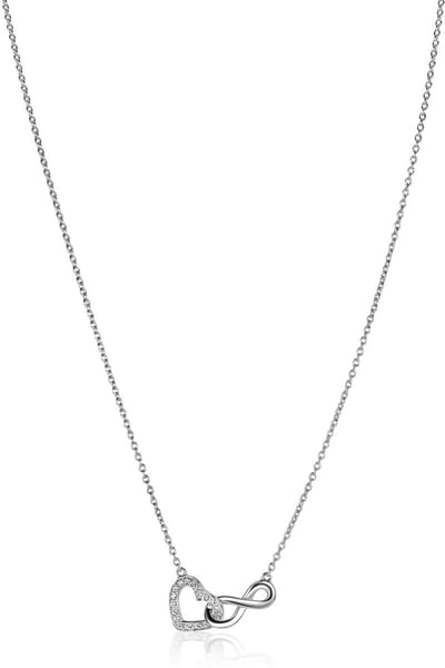 ZINZI zilveren ketting met Infinity teken verbonden met een open hart, bezet met witte zirconia's 42-45cm ZIC2596