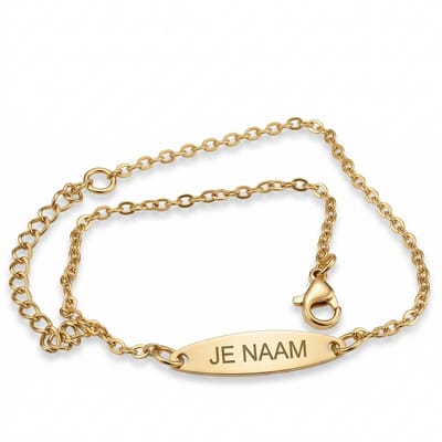 Armband met graveer, Armband met naam, Armband - gepersonaliseerd - goudkleurig - met ovaal naamplaatje - verstelbaar, Armband met naamplaatje ,graveerarmband
