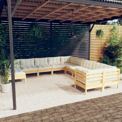 vidaXL - 11-delige - Loungeset - met - crèmekleurige - kussens - grenenhout