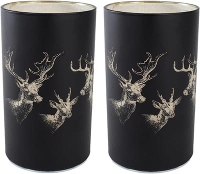Windlicht Set van 2 Zwart Goud Glas Rond 9 x 15 cm Kerstdecoratie Hertje Theelichthouder Tafeldecoratie Kaarsenhouder