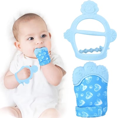 Babybijtring handschoenen met verstelbare riem en kreukgeluid, zelfkalmerend kauwspeelgoed voor 0-6 maanden - set van 2 stuks.