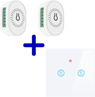 VH Control - RF Duo combi - Twee inbouw switches met dubbele draadloze touch schakelaar - Schakelt tot 2 x 3000 watt - Draadloze bediening via RF - Luxe wit glas touch schakelaar - Geschikt voor verlichting of bijv. elektrische verwarming