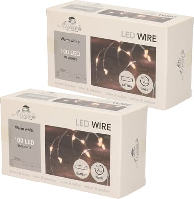 Set van 2x stuks draadverlichting lichtsnoer met 100 lampjes warm wit 500 cm - Lichtdraden/lichtsnoeren - kerstverlichting