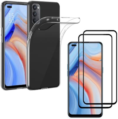 Hoesje Ultraslank geschikt voor Oppo reno 4 backcover siliconen Transparant en 2 stuks ScreenProtector Gehard Glas met zwarte randen