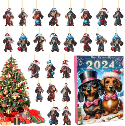 Dailygoods- Kerstboomversiering Adventskalender 2024 - 24 Dagen Aftelpuppy - 2D Acryl Hanghanger - Perfect voor Kinderen - Eenvoudig te Gebruiken