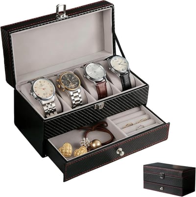 Elegante Horlogedoos met 4 Slots en Lade voor Horloge en Sieradenopslag, Lockable Organizer met Carbon Fiber Textuur