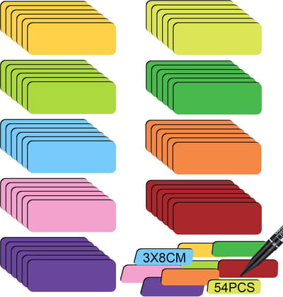 Ynkkvre - Magneten - 54 stuks Kleurrijke Magnetische Naamstickers voor Schoolbord - Creatieve Schrijf Koelkast Etiketstickers - 3cm Breed x 8cm Lang - 9 Kleuren