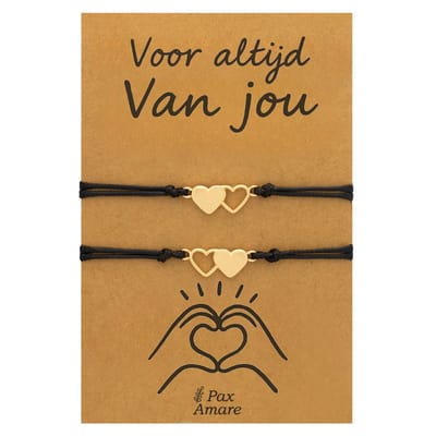 Koppel Armbandjes voor 2 "Voor altijd van Jou" - Hartje - Vriendschapsarmbandjes met Valentijn Cadeau Kaartje - Goudkleurig - Elastisch Verstelbaar - Pax Amare