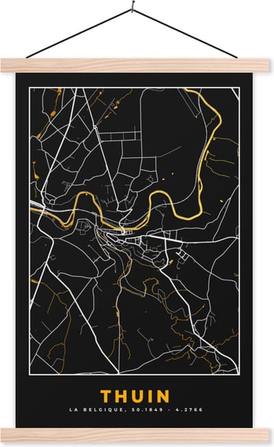 Posterhanger incl. Poster 40x60 cm - Schoolplaat - Goud - Thuin - Stadskaart - Kaart - Plattegrond - Textielposter - Blanke latten - Stadskaart