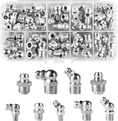 Assortiment van 70 vetnippels M6 M8 M10 recht en hoekig 45° 90° 180° voor hydraulische smering en vetpistolen, inclusief conische nippels en accessoires voor optimale smering