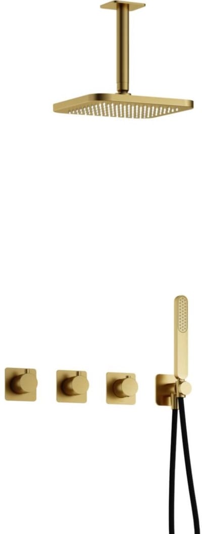 Hotbath Gal - Inbouw Regendoucheset - Geborsteld Messing PVD - 2 Stopkranen - Thermostatisch - Plafondbuis 15 cm - Hoofddouche 220 mm - Staafhanddouche - V02