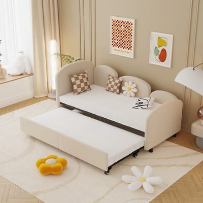 MODFU Ledikant 90x200 cm – Bloemenvormig met uittrekbare opberglade – Fluweel beige – Met lattenbodem – Metaal