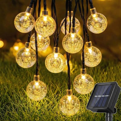Rosnek Solar Lichtsnoer Buiten - Lichtslinger met 20 LED Kristallen Bollen - 5 Meter - 2 Standen met Geheugenfunctie - Tuinverlichting op Zonne-energie - IP44 Waterdicht - Warm Wit