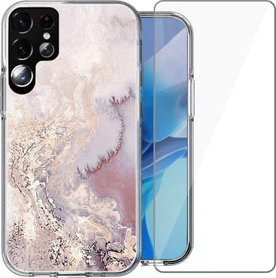 Hoesje geschikt voor Samsung Galaxy S22 Ultra - Siliconen Shock Proof Case Back Cover Hoes Marmer Roze + Screenprotector Gehard Glas Screen Protector