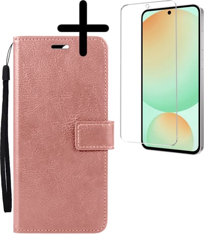 Hoesje Met Screenprotector - Geschikt voor Samsung Galaxy S24 FE - Luxe Pasjeshouder - Bookcase Portemonee - Flip Case - Kunstleer Book Case - Flipcase - Book Cover - Walletcase - Portemonneehoes - Rosé goud
