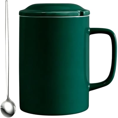 Dailygoods- Koffiemok 1000 ml - Extra grote Keramische Koffiemok - XXL Koffiekop - Koffiemok met Deksel - Koffiemok met Lepel - Comfortabel Vrijetijdsleven - Theekop