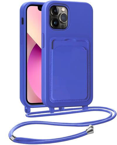 Hoesje Geschikt voor iPhone 13 Pro Telefoonhoesje Met Koord Case Pashouder Siliconen - Hoes Geschikt voor iPhone 13 Pro Hoesje Met Kaarthouder - Felblauw