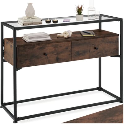 tectake® Consoletafel met 2 lades en glazen blad - Sidetable met 2 niveaus - Houten dressoir met glazen blad - Industrieel design - Zwart metalen frame - Afmeting (LxBxH) 101,5 x 41,5 x 80,5 cm - Donkerbruin