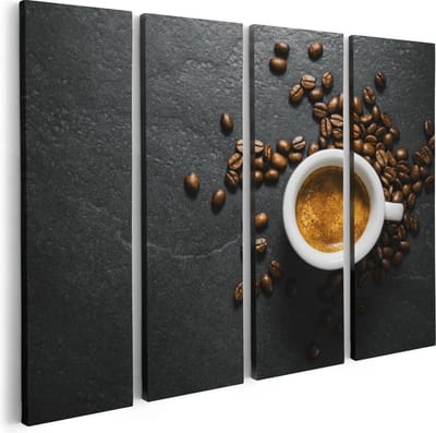 Artaza Canvas Schilderij Vierluik Kopje Koffie Met Koffiebonen - 80x60 - Foto Op Canvas - Canvas Print