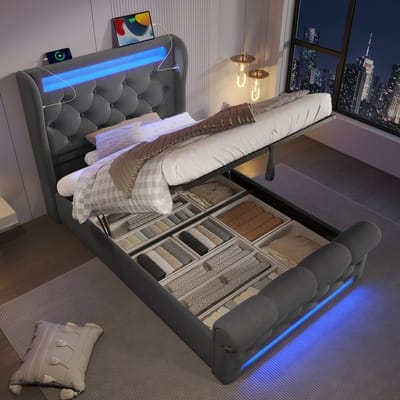 DESMIU Eenpersoonsbed - Gestoffeerd Bed Met Led, Usb C En Hydraulische Opbergruimte - Voor Slaapkamer - Fluweel - 90x200 Cm - Grijs