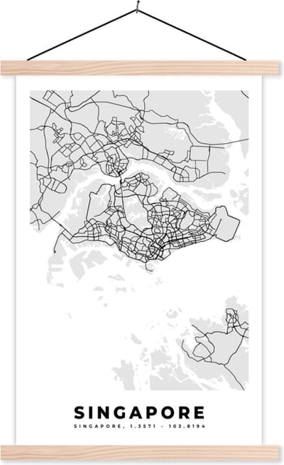 Posterhanger incl. Poster 40x60 cm - Schoolplaat - Singapore - Plattegrond - Stadskaart - Zwart Wit - Kaart - Textielposter - Blanke latten - Stadskaart