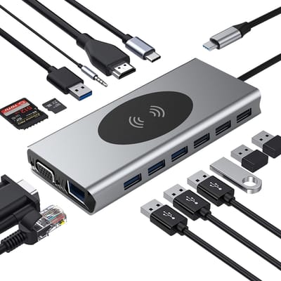 15-in-1 Type-C Hub Multipoort adapter met HDMI, VGA, Ethernet, USB C PD