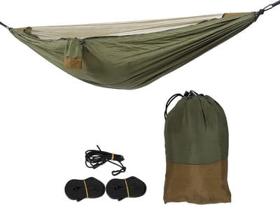 Hangmat met Klamboe - Outdoor Bed - Ontspannen Buiten - Ingebouwd Opbergsysteem - 2.8 x 1.4 Meter - Legergroen Lichtbruin