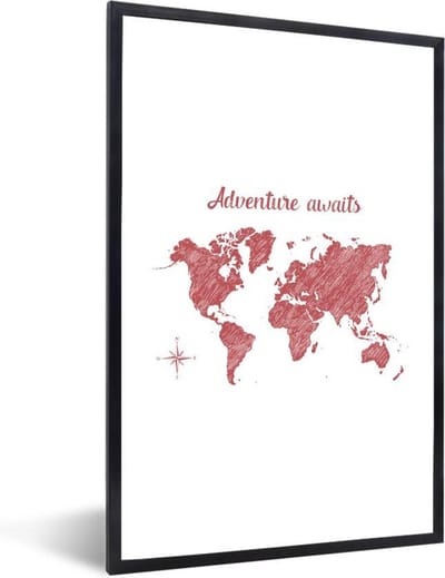 Poster in lijst - Fotolijst 80x120 cm - Posters - Wereldkaart - Adventure - Kompas - Posterlijst zwart - Decoratie - Wanddecoratie woonkamer - Muurdecoratie slaapkamer