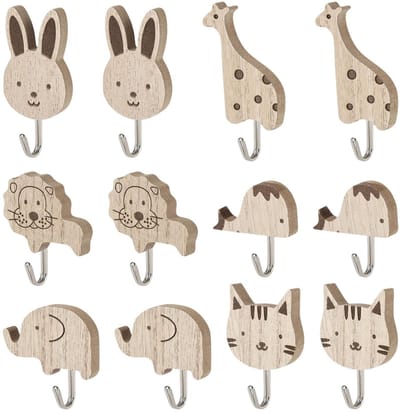 Dailygoods - YOUNGSAY 12 stuks zelfklevende dierenhaken, olifant, walvis, kat, leeuw, haas, giraf, houten kinderkledinghaken voor kinderkamer, badkamer, keuken en hal