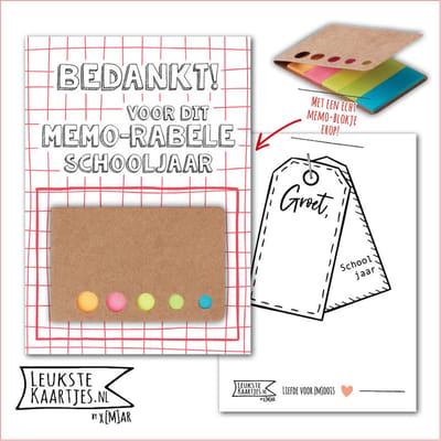 Kaartkadootje -> Memo-blokje - Schooljaar - No:03 (Bedankt voor Memorabele schooljaar - Roze ruit) - LeuksteKaartjes.nl by xMar