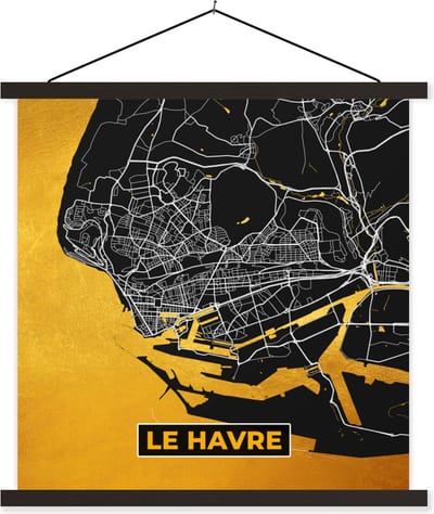 Posterhanger incl. Poster 60x60 cm - Schoolplaat - Kaart – Stadskaart – Le Havre - Plattegrond – Frankrijk - Textielposter - Zwarte latten - Stadskaart