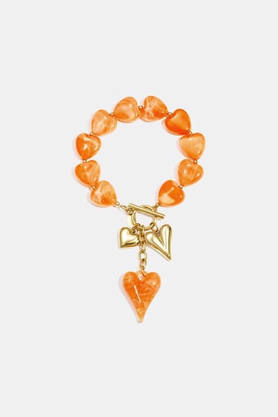 Kralenarmband met Hartjes & Bedels – WK Voetbal SPECIAL - Stainless Steel & Acryl – Goudkleurig met Oranje – 19 cm – Dames Kralen armband - Cadeau voor haar