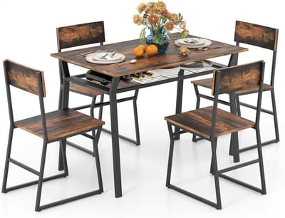 Eetgroep 4 zitplaatsen - Eettafel met 4 stoelen - Industriële stijl - Grote opbergruimte - Houtnerf en zwart frame