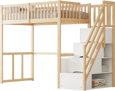 Kinderbed - 90x200 cm hoogslaper - met veilige opbergladder - massief houten bedframe - houtkleur - zonder matras