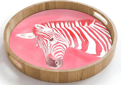 Dienblad rond 40x40 cm - Schootdienblad hout - Zebra - Pink - Verf - Borrelplank rechthoek - Plateau houten dienbladen