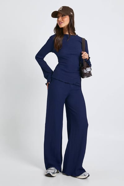 boohoo Dames Getextureerde top met lange mouwen en lettucezoom & broek co-ord | Marineblauw | Maat: 34